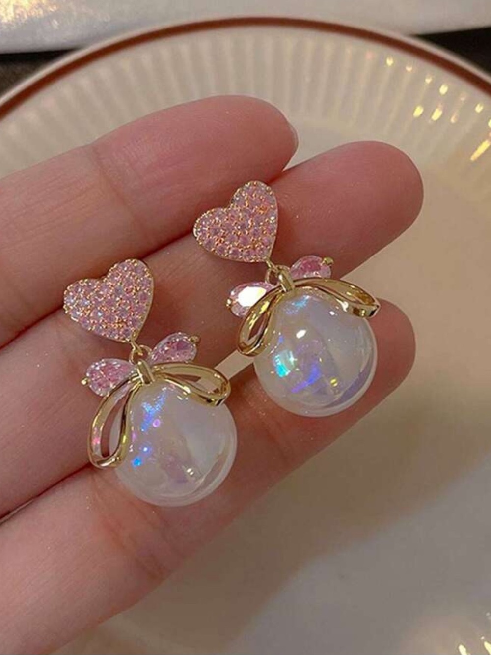 Gold and Pink Heart Drop Earrings with Iridescent Orb